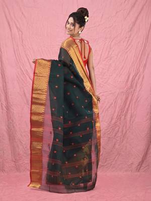 dark green cotton blend taant saree with zari border 3