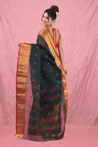 dark green cotton blend taant saree with zari border
