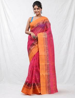 fuchsia cotton blend taant saree with woven designs 1