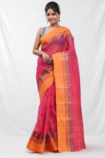 fuchsia cotton blend taant saree with woven designs