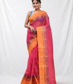 fuchsia cotton blend taant saree with woven designs