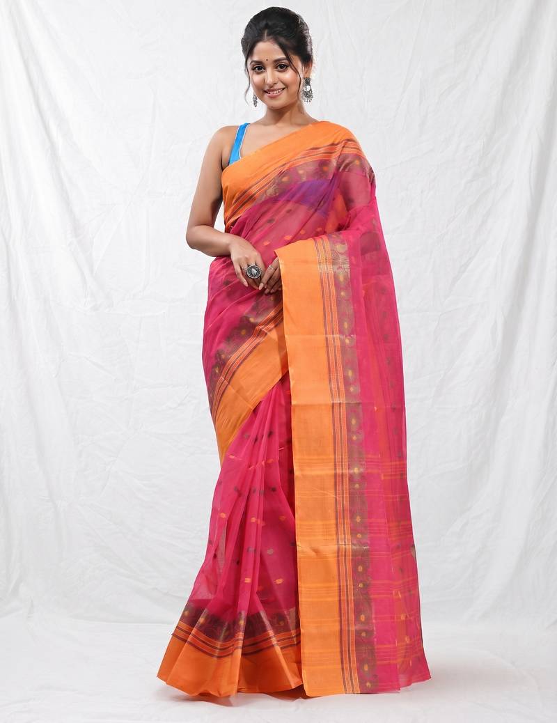 fuchsia cotton blend taant saree with woven designs