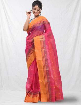fuchsia cotton blend taant saree with woven designs 2