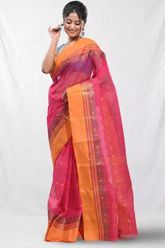 fuchsia cotton blend taant saree with woven designs