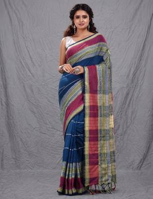 blue cotton blend soft saree with woven design 1
