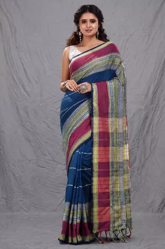 blue cotton blend soft saree with woven design