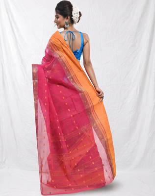 fuchsia cotton blend taant saree with woven designs 3