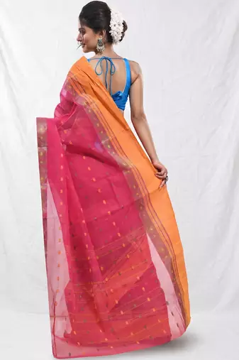 fuchsia cotton blend taant saree with woven designs
