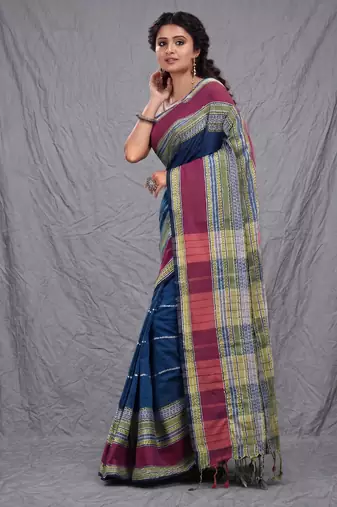 blue cotton blend soft saree with woven design