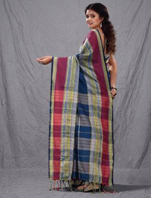 blue cotton blend soft saree with woven design 3