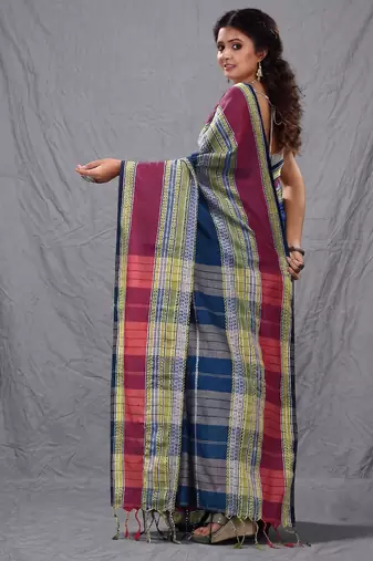 blue cotton blend soft saree with woven design