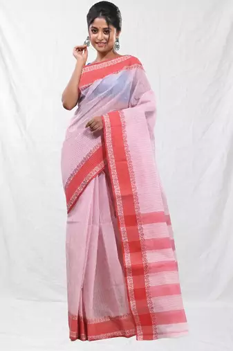 white cotton blend taant saree with woven designs
