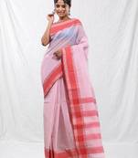 white cotton blend taant saree with woven designs