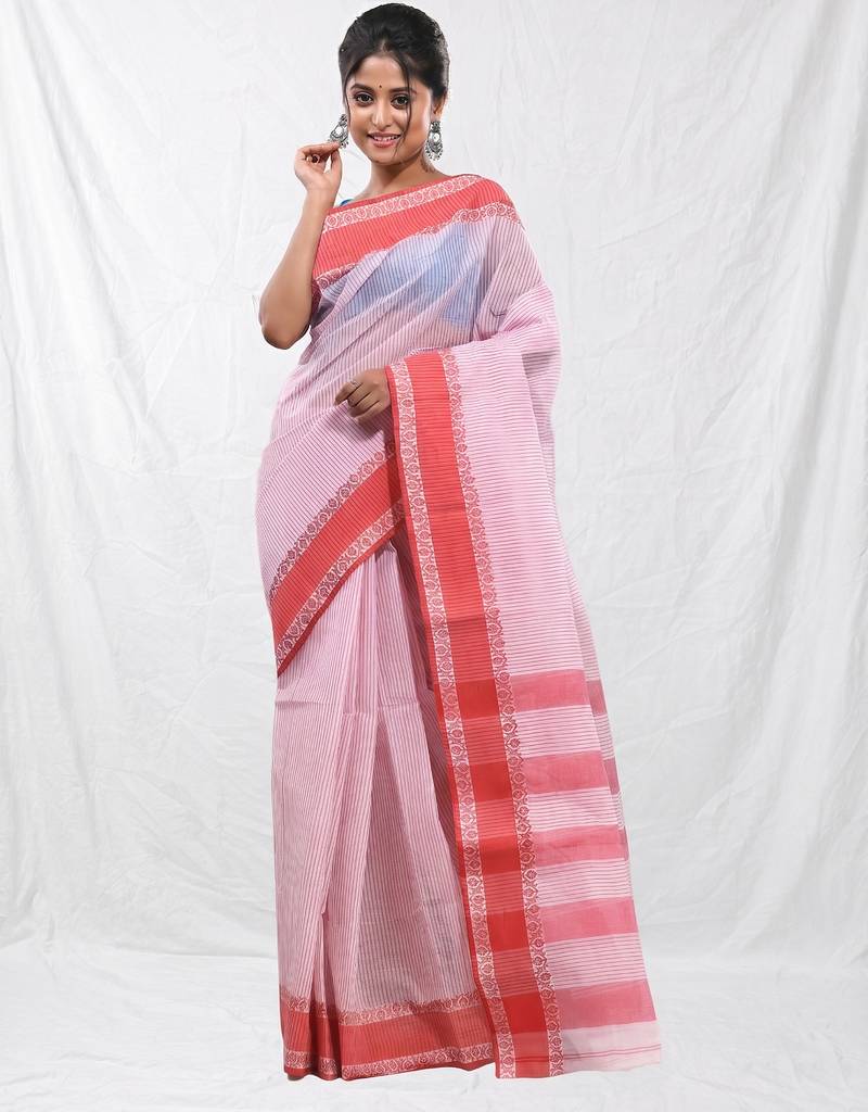 white cotton blend taant saree with woven designs