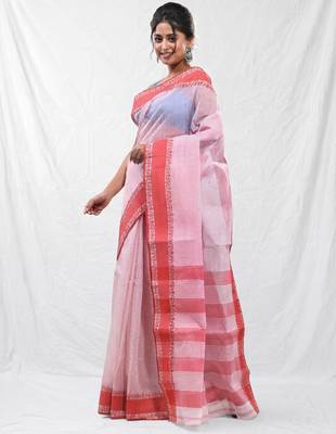 white cotton blend taant saree with woven designs 2