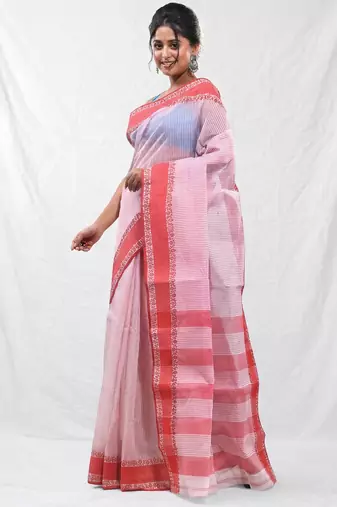 white cotton blend taant saree with woven designs