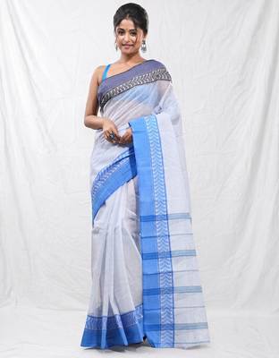white cotton blend taant saree with woven designs 1