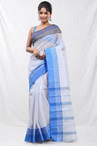white cotton blend taant saree with woven designs