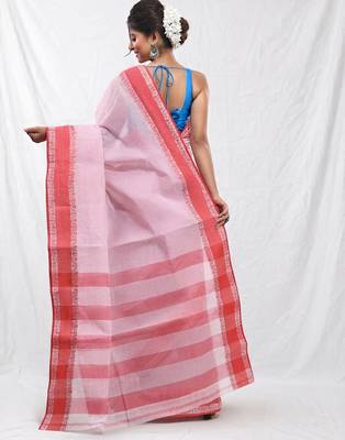 white cotton blend taant saree with woven designs 3