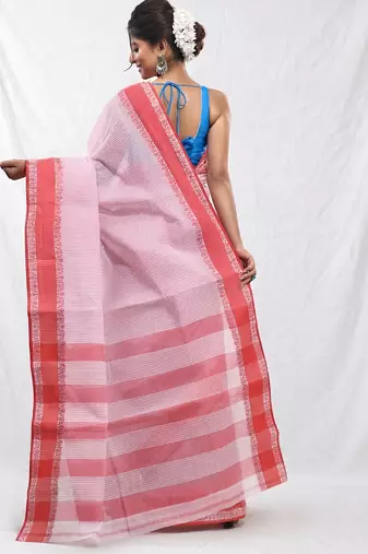 white cotton blend taant saree with woven designs