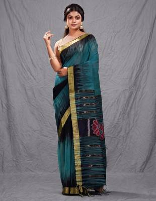 Teal blended cotton handwoven saree with ikkat design 1