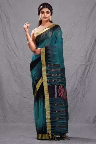 Teal blended cotton handwoven saree with ikkat design