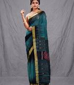 Teal blended cotton handwoven saree with ikkat design