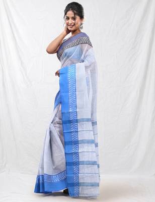 white cotton blend taant saree with woven designs 2