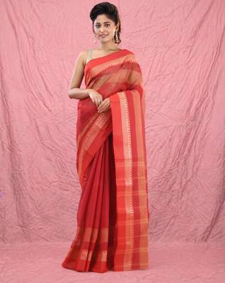 red cotton blend taant saree with temple border 1