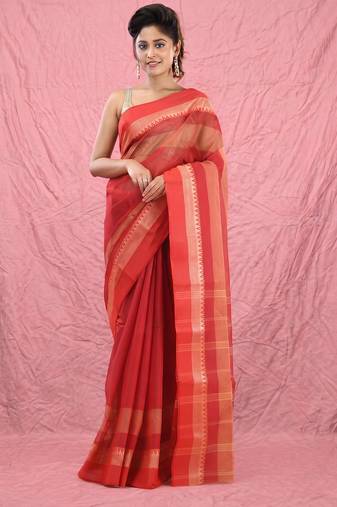 red cotton blend taant saree with temple border