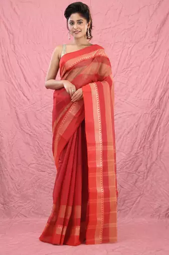 red cotton blend taant saree with temple border