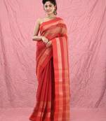 red cotton blend taant saree with temple border