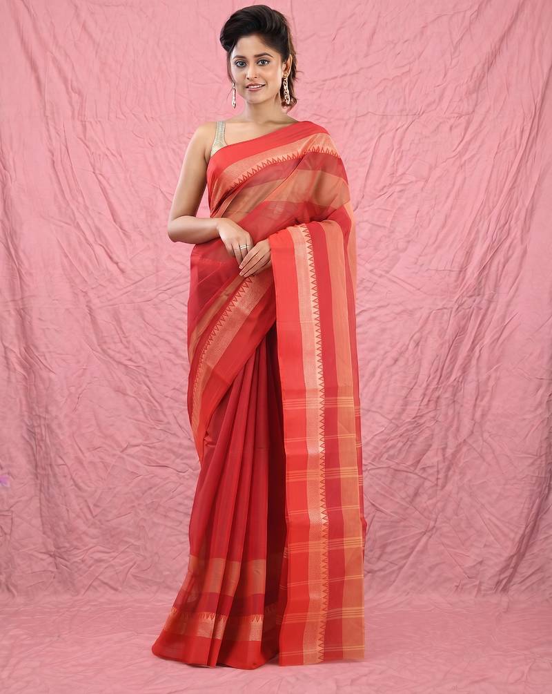 red cotton blend taant saree with temple border