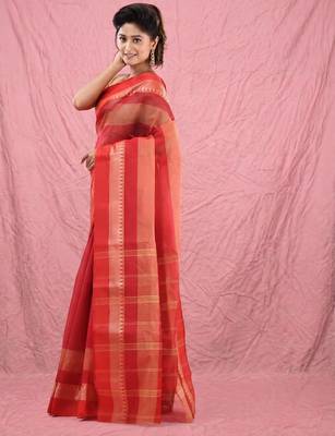 red cotton blend taant saree with temple border 2