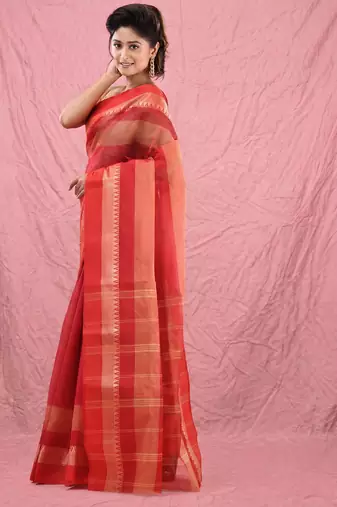 red cotton blend taant saree with temple border
