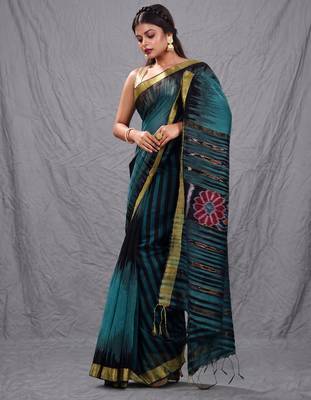 Teal blended cotton handwoven saree with ikkat design 2