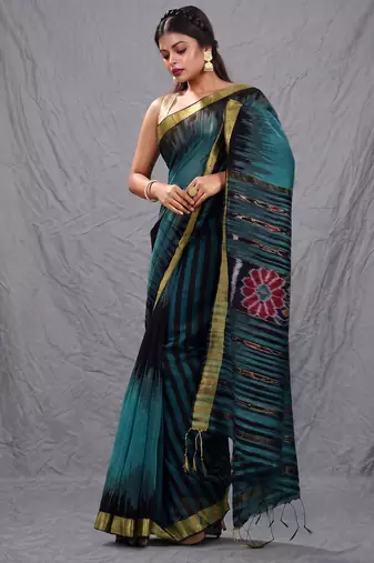 Teal blended cotton handwoven saree with ikkat design
