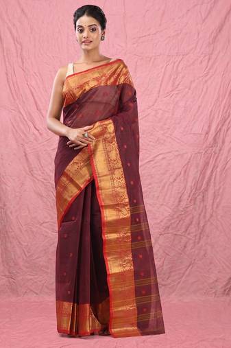 dark red cotton blend taant saree with zari border
