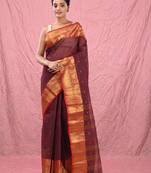 dark red cotton blend taant saree with zari border