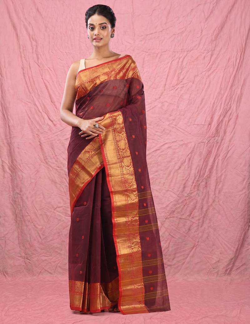 dark red cotton blend taant saree with zari border