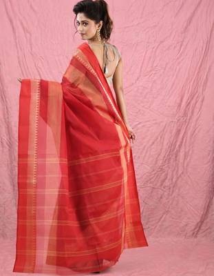 red cotton blend taant saree with temple border 3