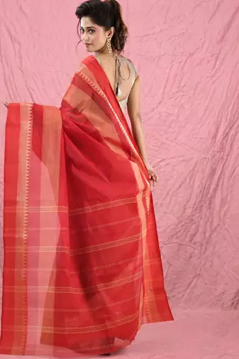 red cotton blend taant saree with temple border