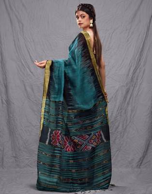 Teal blended cotton handwoven saree with ikkat design 3