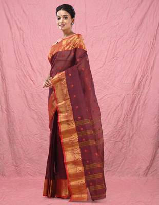 dark red cotton blend taant saree with zari border 2
