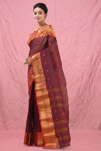 dark red cotton blend taant saree with zari border