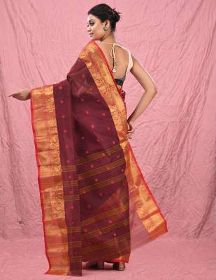 dark red cotton blend taant saree with zari border 3