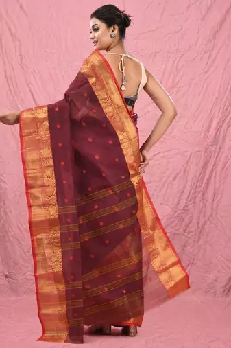 dark red cotton blend taant saree with zari border