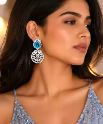 Blue Teardrop Crystal Statement Earrings, Sapphire CZ Dangle, Floral Drop Wedding Prom 1