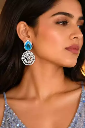 Blue Teardrop Crystal Statement Earrings, Sapphire CZ Dangle, Floral Drop Wedding Prom