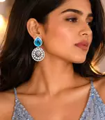 Blue Teardrop Crystal Statement Earrings, Sapphire CZ Dangle, Floral Drop Wedding Prom